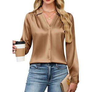 Women's Satin Button Down Shirt X-Large Long Sleeve Work Casual Blouse